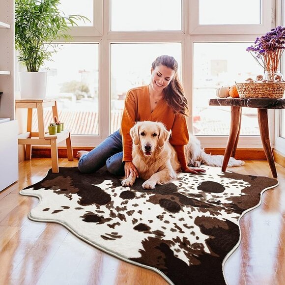 NEW Cow Print Rug Faux Cowhide Rug, Upgraded Fluffy Animal Printed ,4.6ft x 5.2f - Picture 2 of 8